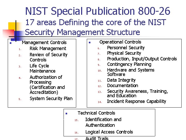 NIST Special Publication 800 -26 17 areas Defining the core of the NIST Security