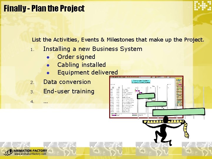 Finally - Plan the Project List the Activities, Events & Milestones that make up