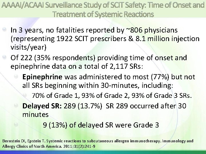 AAAAI/ACAAI Surveillance Study of SCIT Safety: Time of Onset and Treatment of Systemic Reactions