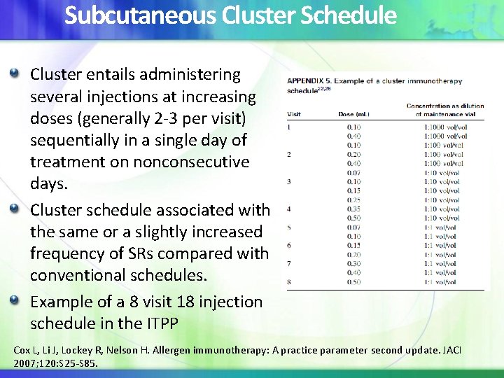 Subcutaneous Cluster Schedule Cluster entails administering several injections at increasing doses (generally 2 -3