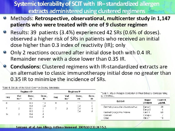 Systemic tolerability of SCIT with IR– standardized allergen extracts administered using clustered regimens Methods: