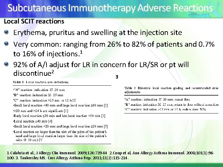 Subcutaneous Immunotherapy Adverse Reactions Local SCIT reactions Erythema, pruritus and swelling at the injection