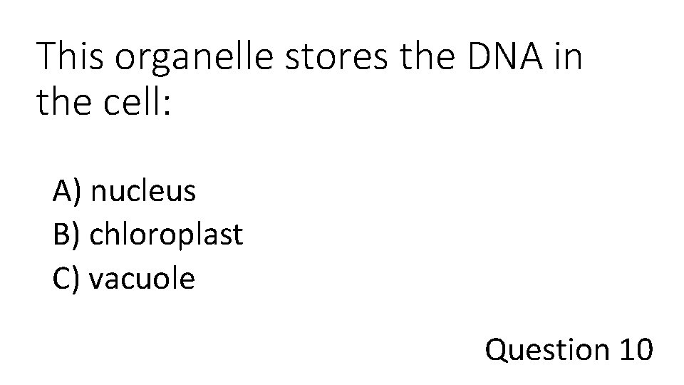 This organelle stores the DNA in the cell: A) nucleus B) chloroplast C) vacuole