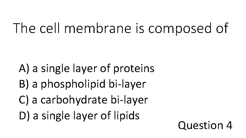 The cell membrane is composed of A) a single layer of proteins B) a