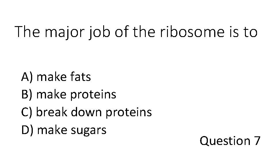 The major job of the ribosome is to A) make fats B) make proteins