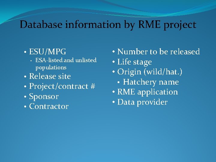 Database information by RME project • ESU/MPG • • • ESA-listed and unlisted populations