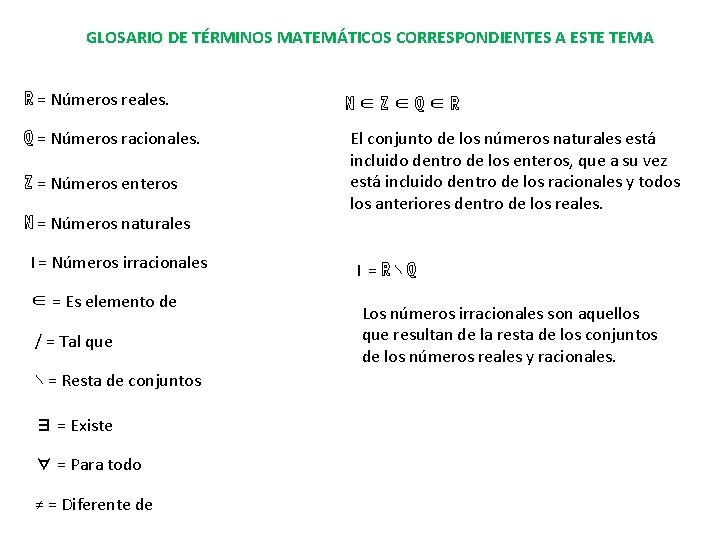 GLOSARIO DE TÉRMINOS MATEMÁTICOS CORRESPONDIENTES A ESTE TEMA ℝ = Números reales. ℚ =