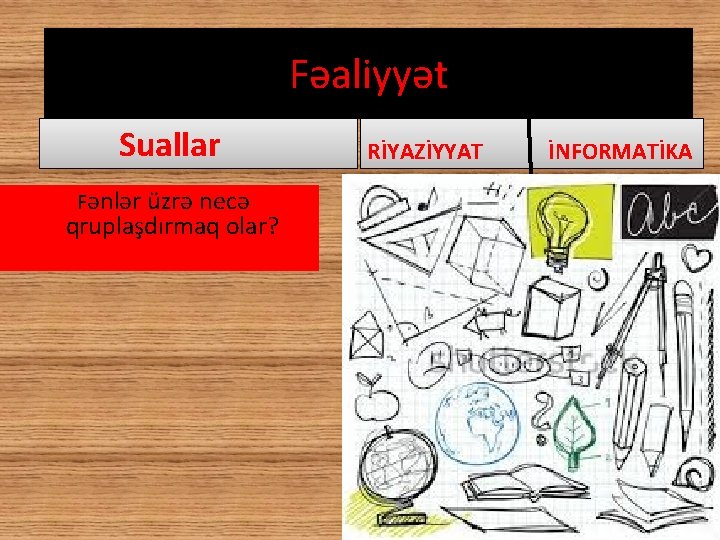 Fəaliyyət Suallar 1 Fənlər üzrə necə qruplaşdırmaq olar? RİYAZİYYAT İNFORMATİKA 