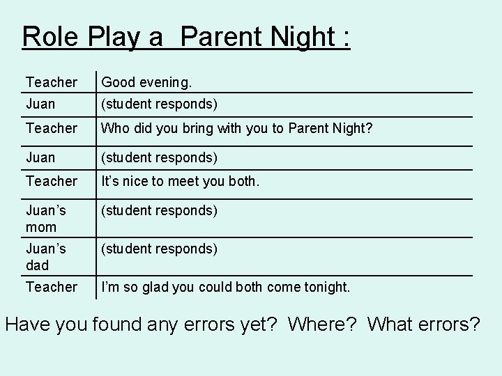 Role Play a Parent Night : Teacher Good evening. Juan (student responds) Teacher Who Role Play a Parent Night : Teacher Good evening. Juan (student responds) Teacher Who