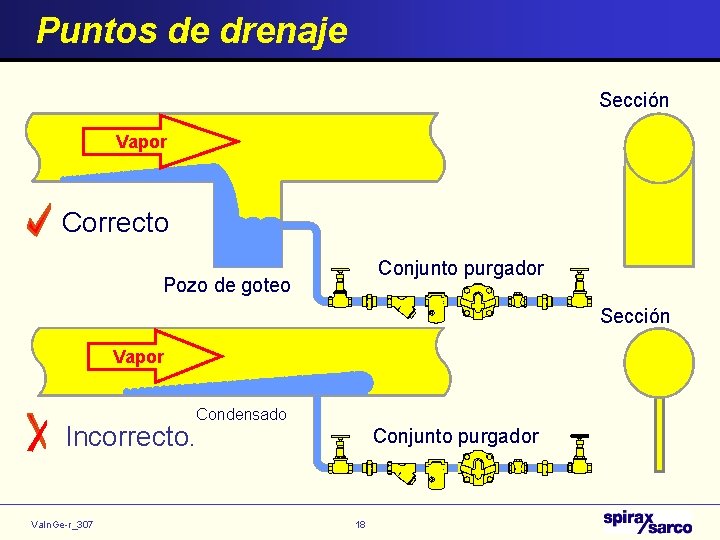 Puntos de drenaje Sección Vapor Correcto Conjunto purgador Pozo de goteo Sección Vapor Condensado