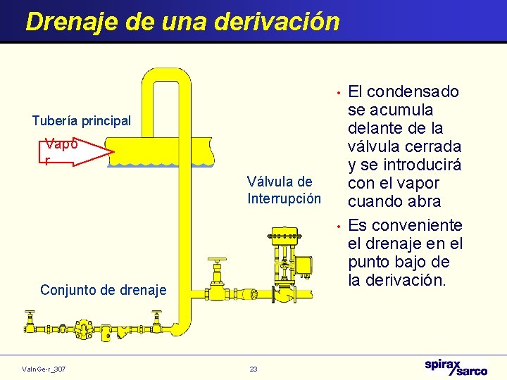 Drenaje de una derivación • Tubería principal Vapo r Válvula de Interrupción • Conjunto