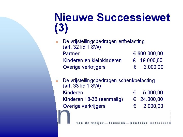 Nieuwe Successiewet (3) n n De vrijstellingsbedragen erfbelasting (art. 32 lid 1 SW) Partner Nieuwe Successiewet (3) n n De vrijstellingsbedragen erfbelasting (art. 32 lid 1 SW) Partner