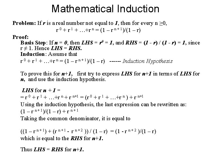 Mathematical Induction Problem: If r is a real number not equal to 1, then