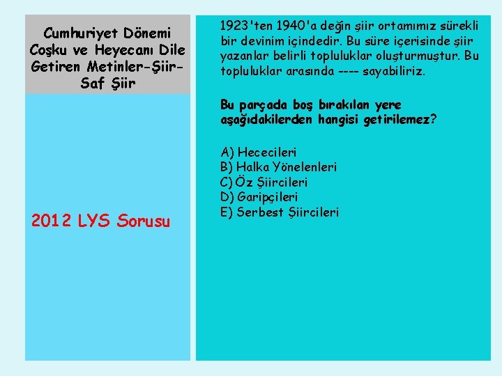 Cumhuriyet Dönemi Coşku ve Heyecanı Dile Getiren Metinler-Şiir. Saf Şiir 1923'ten 1940'a değin şiir