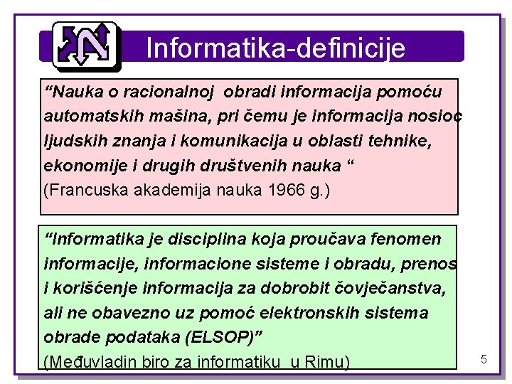 Informatika-definicije “Nauka o racionalnoj obradi informacija pomoću automatskih mašina, pri čemu je informacija nosioc