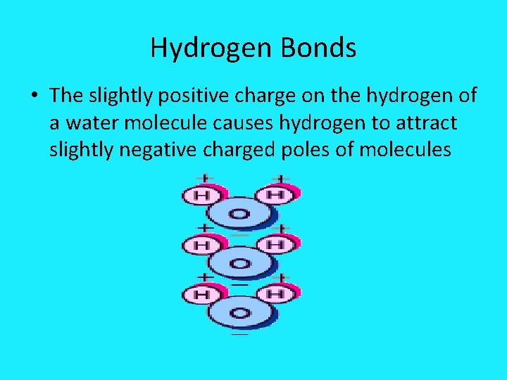 Hydrogen Bonds • The slightly positive charge on the hydrogen of a water molecule
