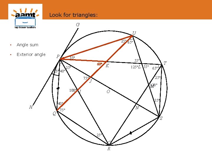 Look for triangles: G U • Angle sum • Exterior angle 25 65 P