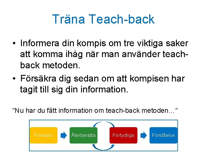 Träna Teach-back • Informera din kompis om tre viktiga saker att komma ihåg när