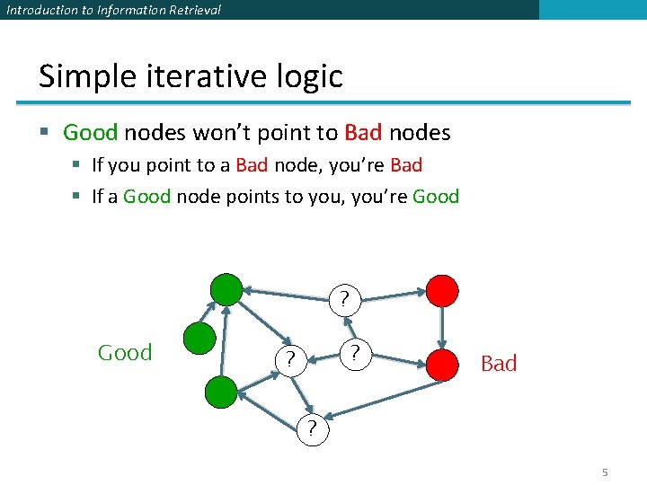 Introduction to Information Retrieval Simple iterative logic § Good nodes won’t point to Bad Introduction to Information Retrieval Simple iterative logic § Good nodes won’t point to Bad