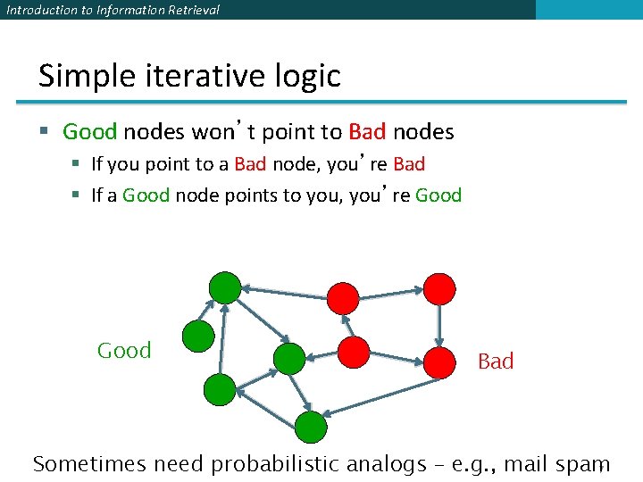 Introduction to Information Retrieval Simple iterative logic § Good nodes won’t point to Bad