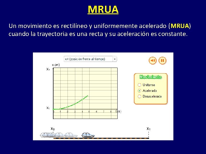 MRUA Un movimiento es rectilíneo y uniformemente acelerado (MRUA) cuando la trayectoria es una