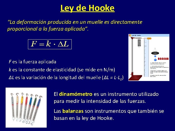 Ley de Hooke “La deformación producida en un muelle es directamente proporcional a la