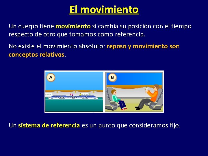 El movimiento Un cuerpo tiene movimiento si cambia su posición con el tiempo respecto