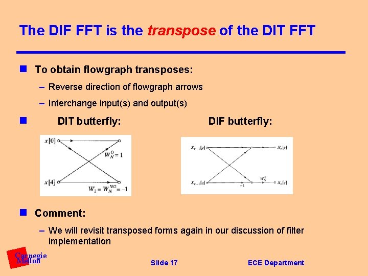 The DIF FFT is the transpose of the DIT FFT n To obtain flowgraph