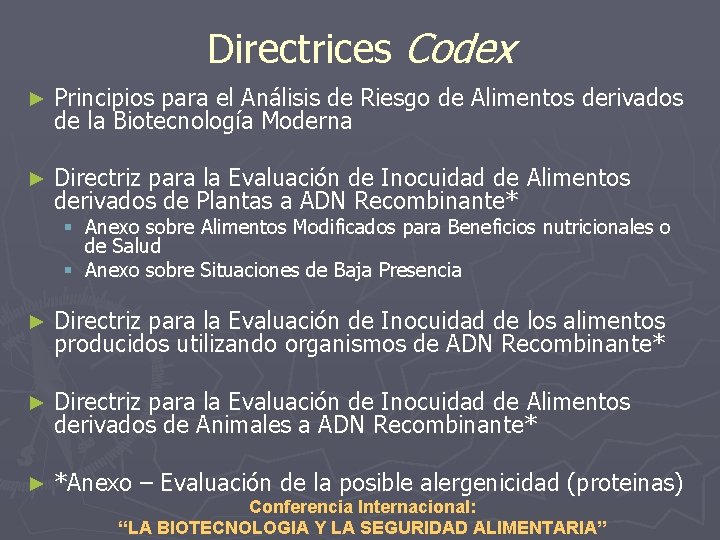 Directrices Codex ► Principios para el Análisis de Riesgo de Alimentos derivados de la