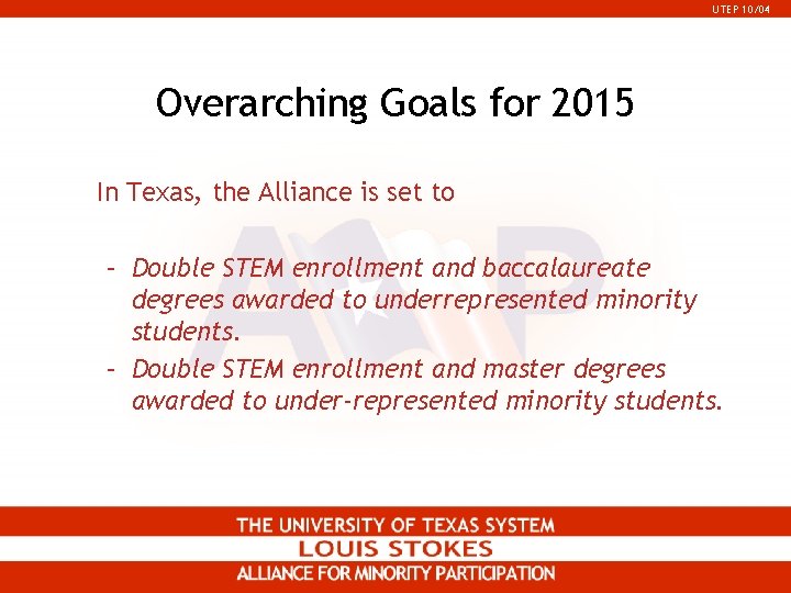 UTEP 10/04 Overarching Goals for 2015 In Texas, the Alliance is set to – UTEP 10/04 Overarching Goals for 2015 In Texas, the Alliance is set to –