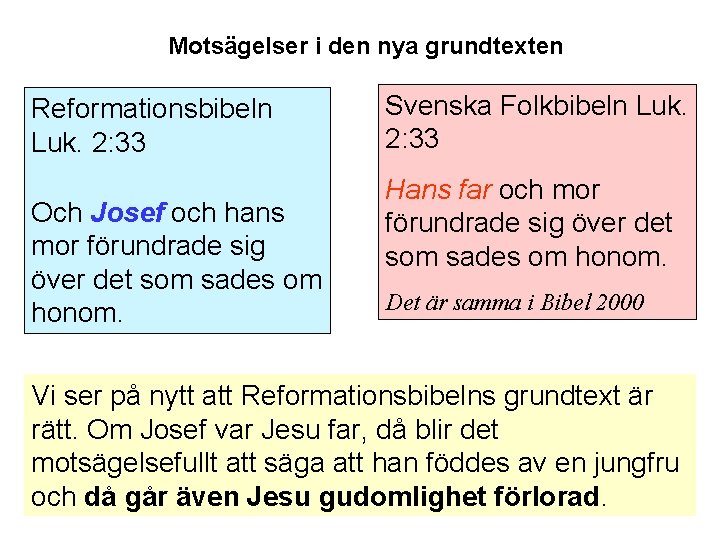 Motsägelser i den nya grundtexten Reformationsbibeln Luk. 2: 33 Och Josef och hans mor