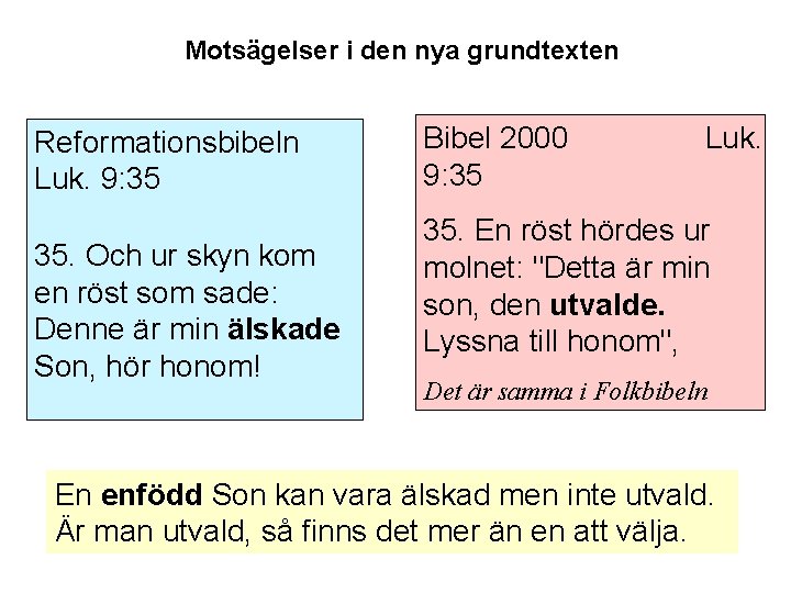 Motsägelser i den nya grundtexten Reformationsbibeln Luk. 9: 35 35. Och ur skyn kom