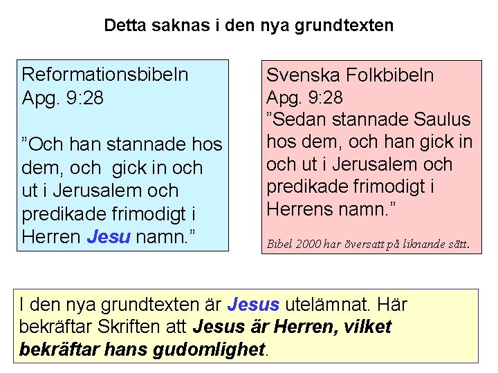 Detta saknas i den nya grundtexten Reformationsbibeln Apg. 9: 28 ”Och han stannade hos