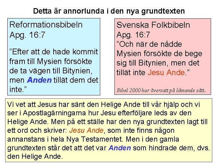 Detta är annorlunda i den nya grundtexten Reformationsbibeln Apg. 16: 7 ”Efter att de