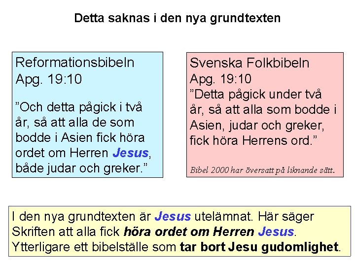 Detta saknas i den nya grundtexten Reformationsbibeln Apg. 19: 10 ”Och detta pågick i