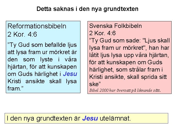 Detta saknas i den nya grundtexten Reformationsbibeln 2 Kor. 4: 6 ”Ty Gud som