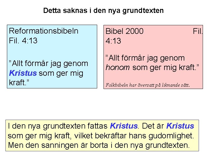 Detta saknas i den nya grundtexten Reformationsbibeln Fil. 4: 13 ”Allt förmår jag genom