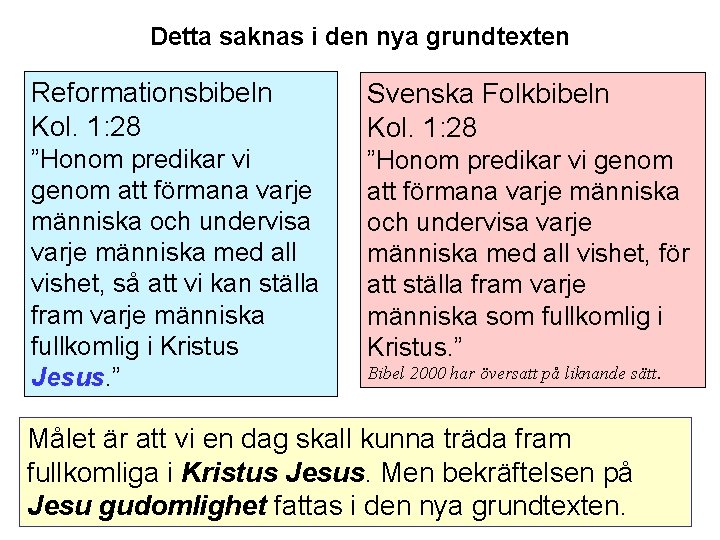 Detta saknas i den nya grundtexten Reformationsbibeln Kol. 1: 28 Svenska Folkbibeln Kol. 1: