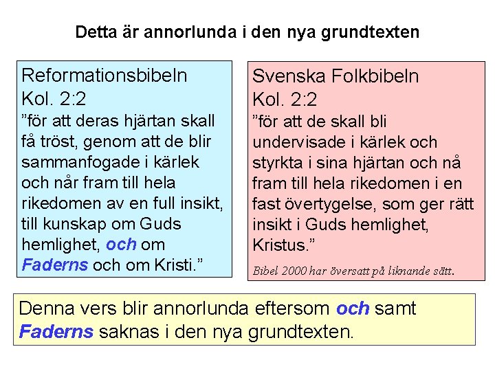 Detta är annorlunda i den nya grundtexten Reformationsbibeln Kol. 2: 2 Svenska Folkbibeln Kol.