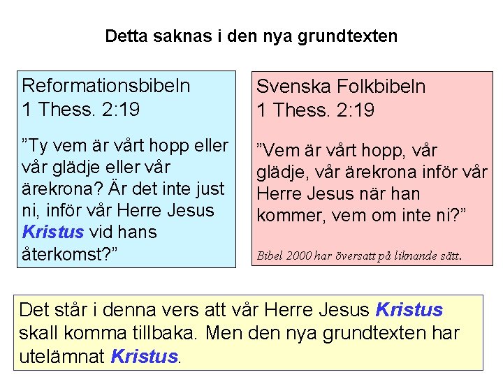 Detta saknas i den nya grundtexten Reformationsbibeln 1 Thess. 2: 19 Svenska Folkbibeln 1