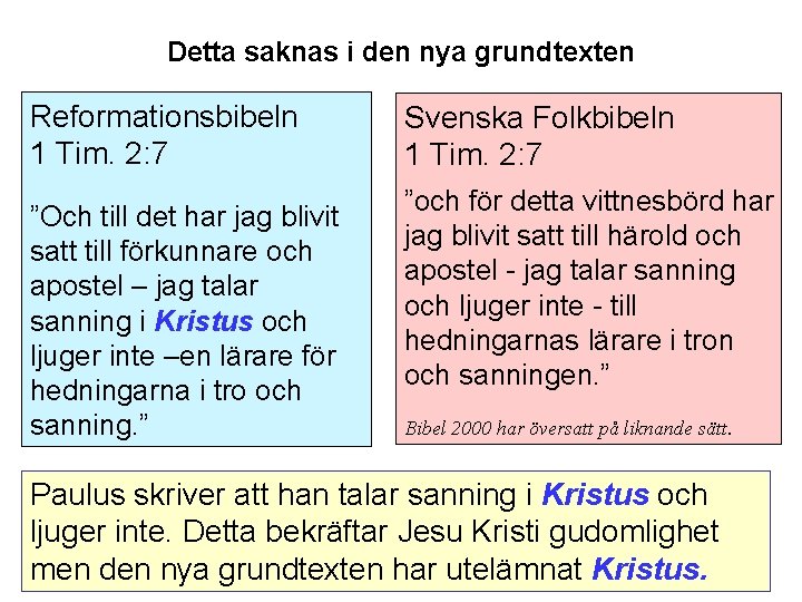 Detta saknas i den nya grundtexten Reformationsbibeln 1 Tim. 2: 7 ”Och till det