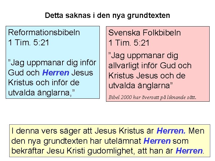 Detta saknas i den nya grundtexten Reformationsbibeln 1 Tim. 5: 21 ”Jag uppmanar dig