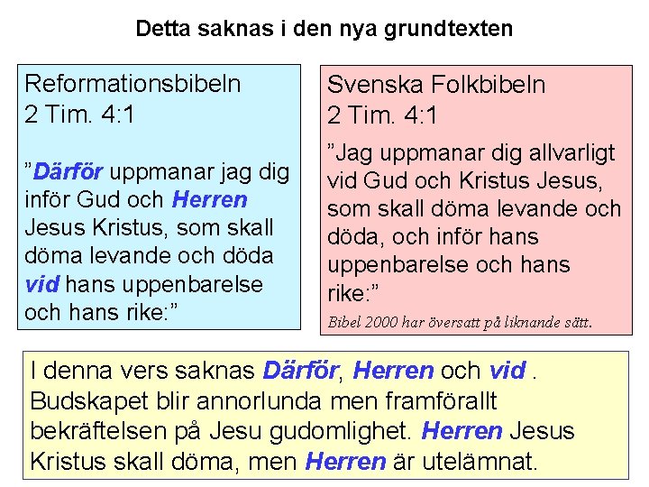 Detta saknas i den nya grundtexten Reformationsbibeln 2 Tim. 4: 1 ”Därför uppmanar jag