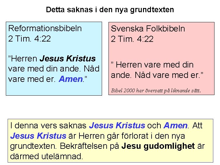 Detta saknas i den nya grundtexten Reformationsbibeln 2 Tim. 4: 22 ”Herren Jesus Kristus