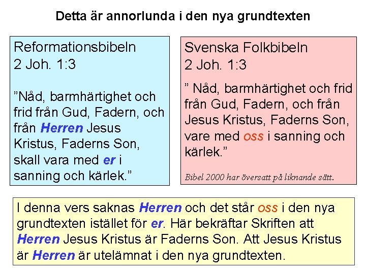 Detta är annorlunda i den nya grundtexten Reformationsbibeln 2 Joh. 1: 3 ”Nåd, barmhärtighet