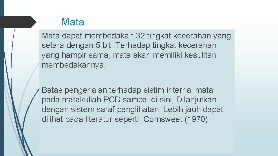 Mata dapat membedakan 32 tingkat kecerahan yang setara dengan 5 bit. Terhadap tingkat kecerahan