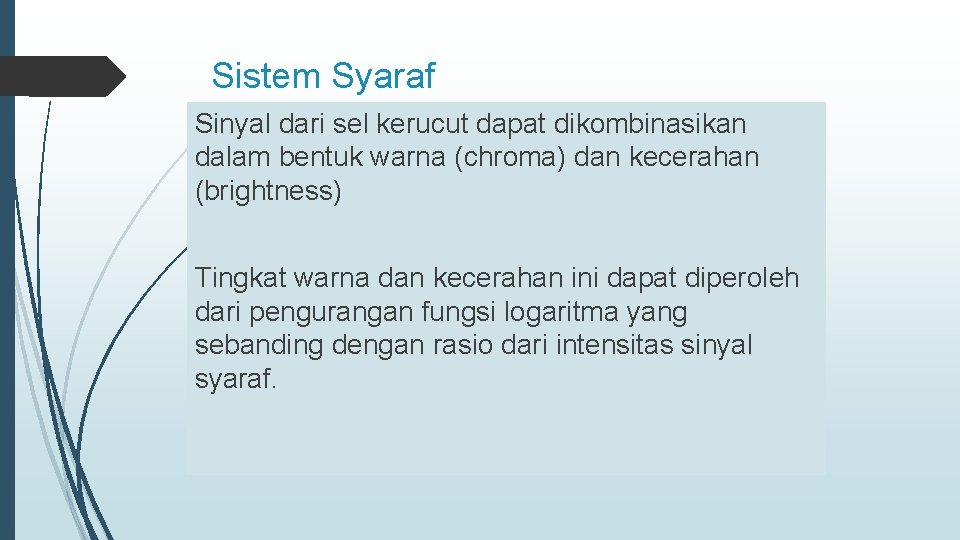 Sistem Syaraf Sinyal dari sel kerucut dapat dikombinasikan dalam bentuk warna (chroma) dan kecerahan