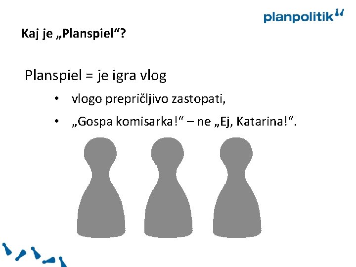 Kaj je „Planspiel“? Planspiel = je igra vlog • vlogo prepričljivo zastopati, • „Gospa