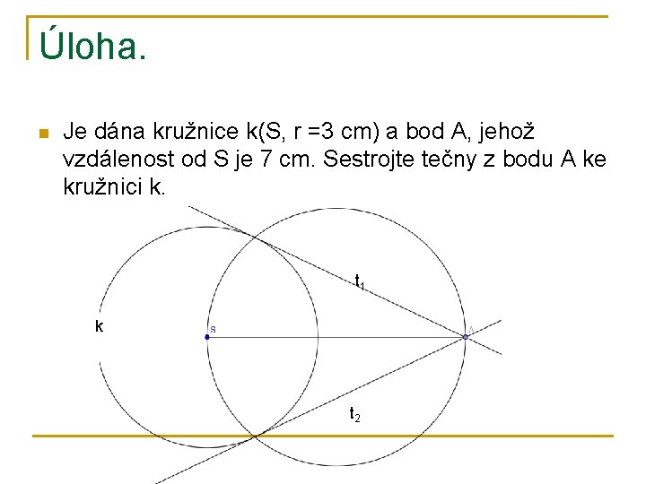 Úloha. n Je dána kružnice k(S, r =3 cm) a bod A, jehož vzdálenost