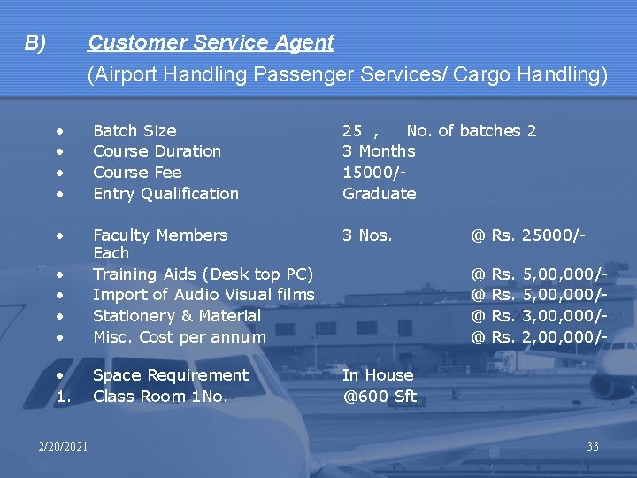 B) Customer Service Agent (Airport Handling Passenger Services/ Cargo Handling) • • Batch Size